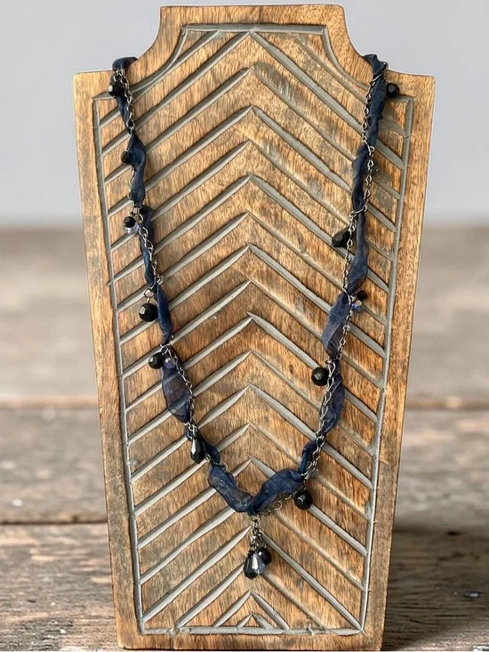 Cookie Lee Navy Ribbon Gunmetal Chain Crystal Dangle Beaded Necklace - Picture 10 of 12